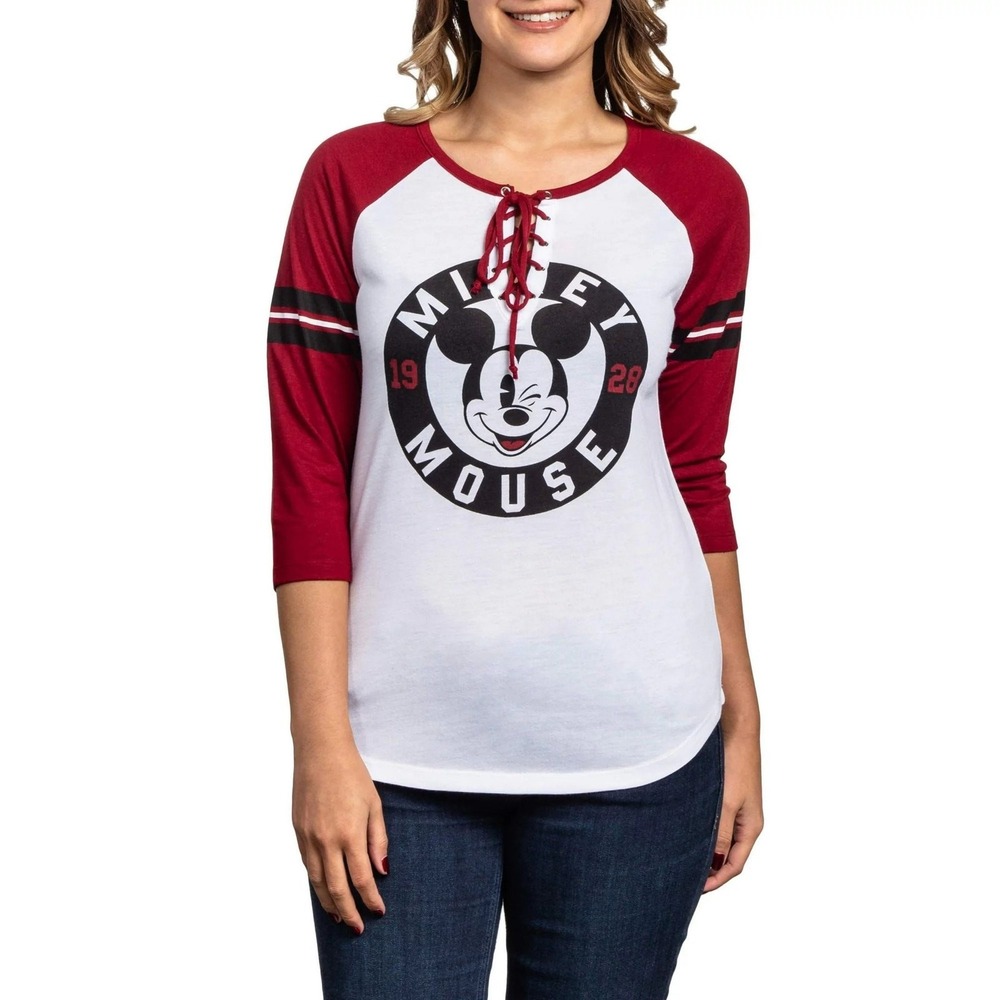 Disney Mickey Mouse Graphic Lace Up T-Shirt with Baseball Varsity Stripe Sz S